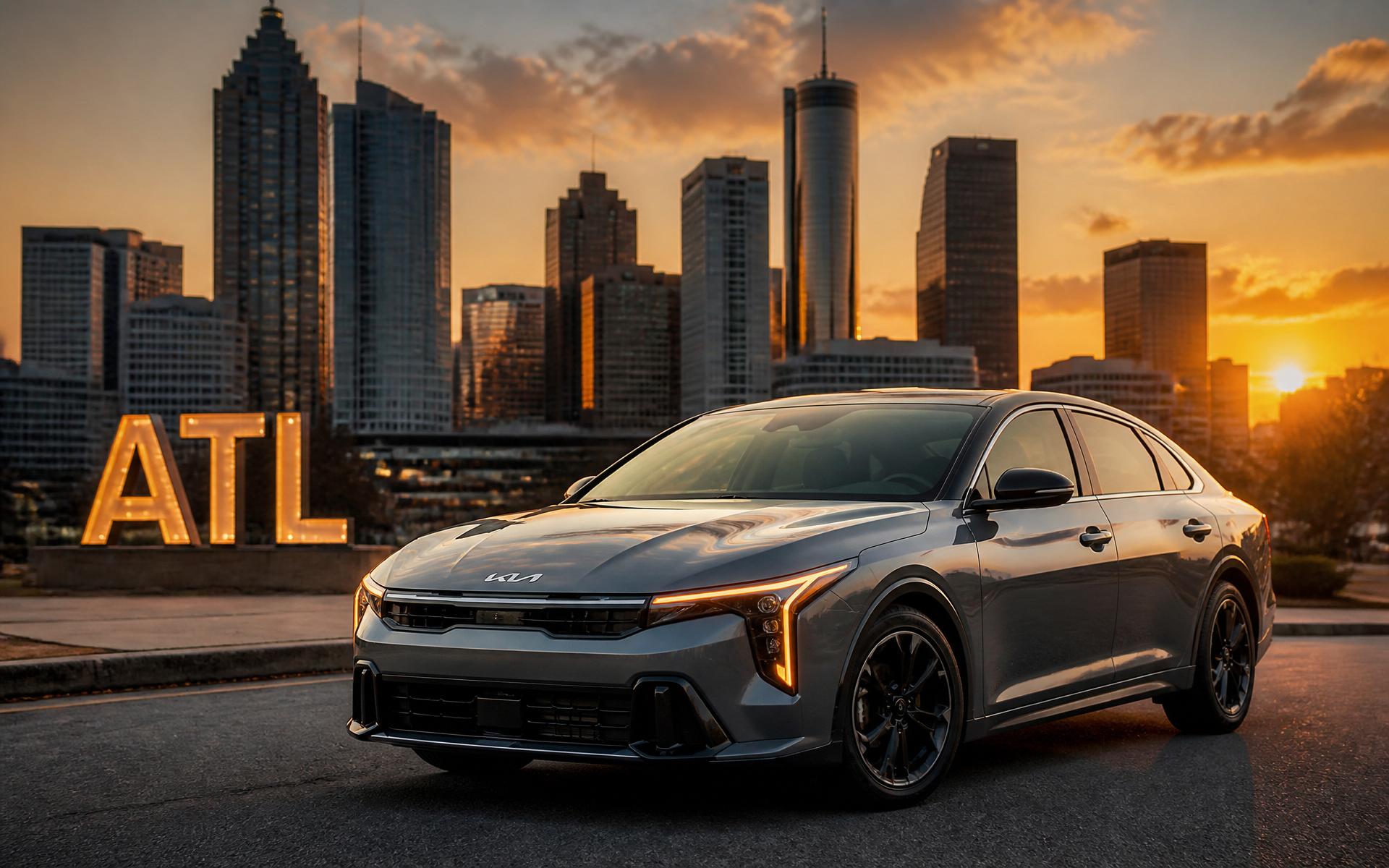 Downtown Atlanta skyline at sunset with a Kia K4 sedan