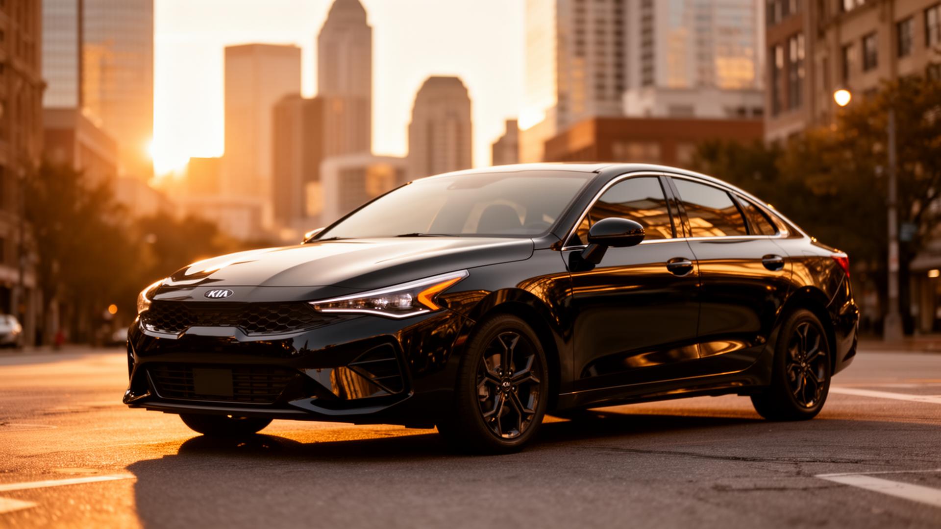 Black Kia K4 sedan with Atlanta skyline at sunset